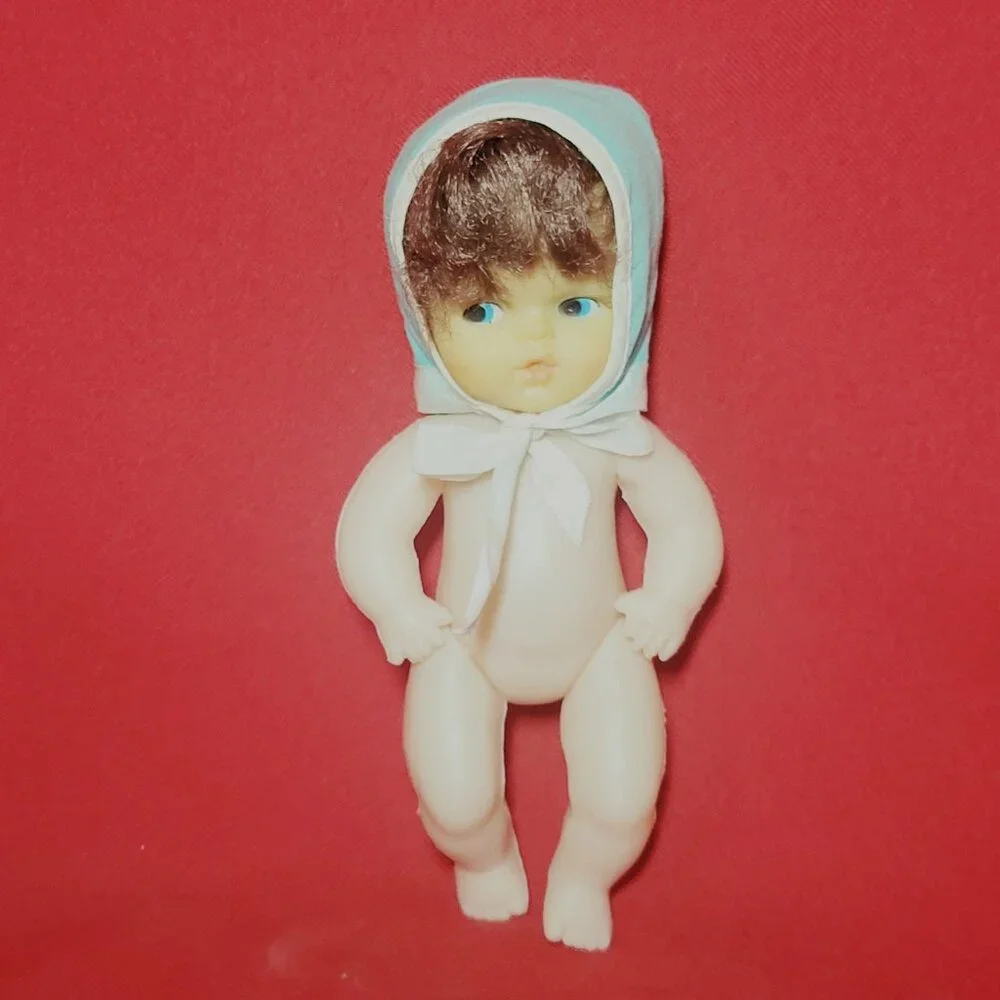Vintage Collectible Doll Rooted Brown Hair Blue Eyes Blue White Bonnet